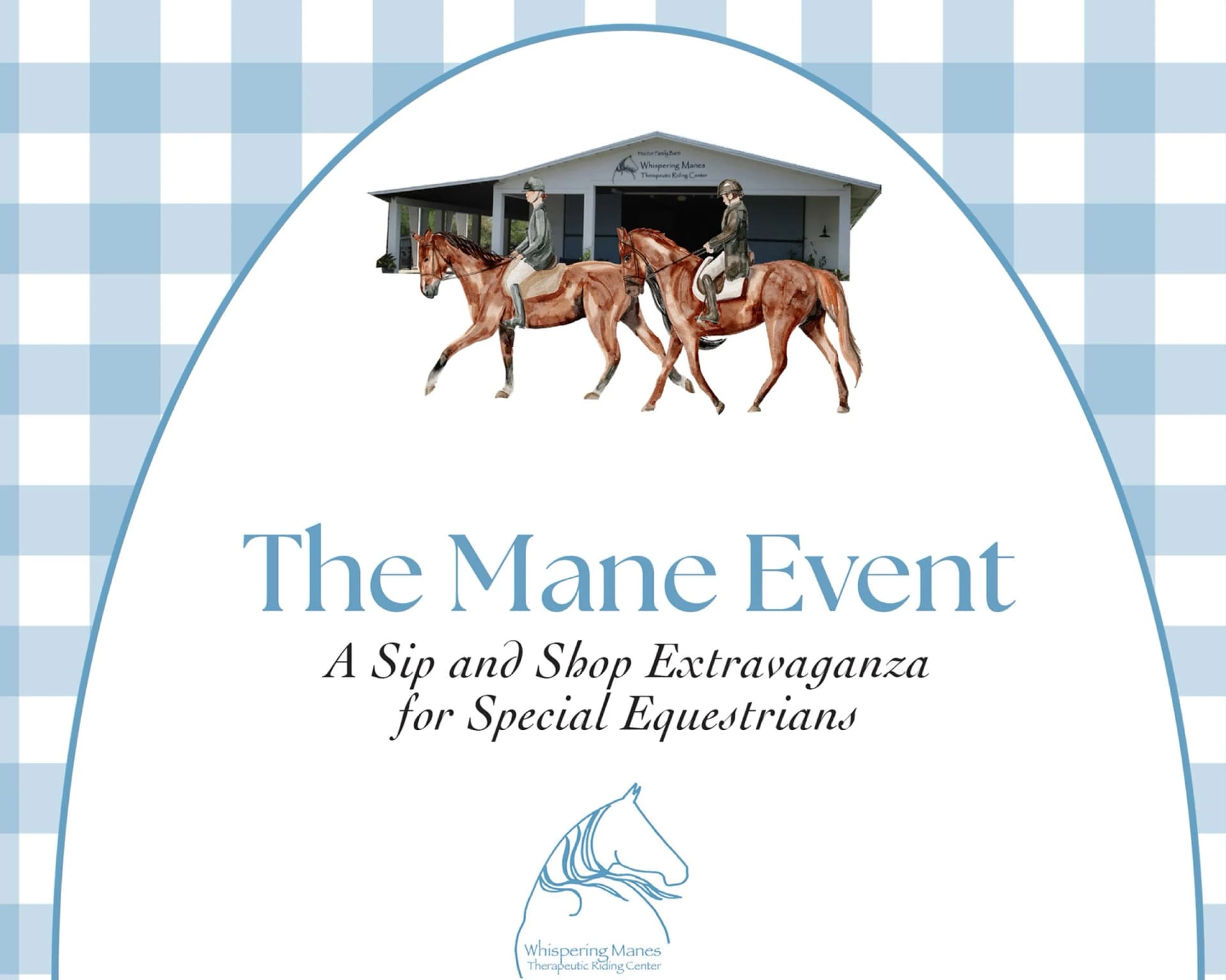 The Mane Event poster with two riders on horseback in front of the Whispering Manes barn, on a blue gingham background