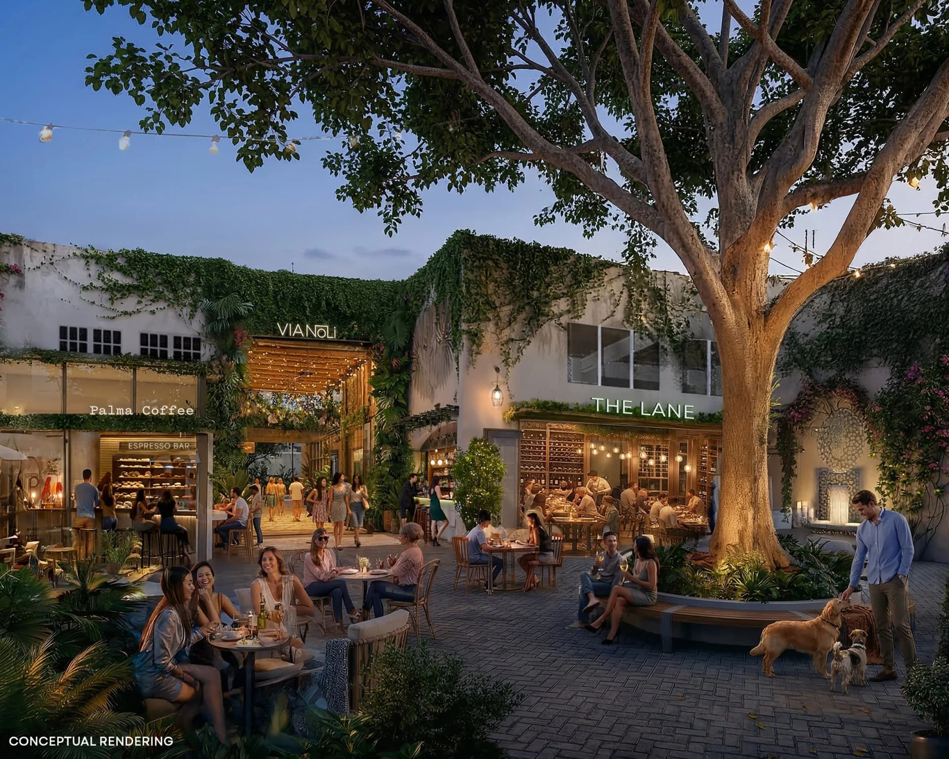 A rendering of NoLi Plaza on North Lincoln Lane, with cafe tables under a large shade tree and storefronts wrapped in greenery